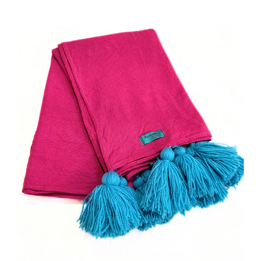 Pink Cotton Slub Sofa Cover with Blue Tassels