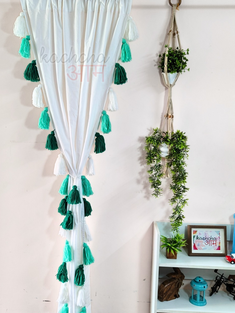 Sea Green Ombre Tassel White Curtains (Cotton & Sheer)