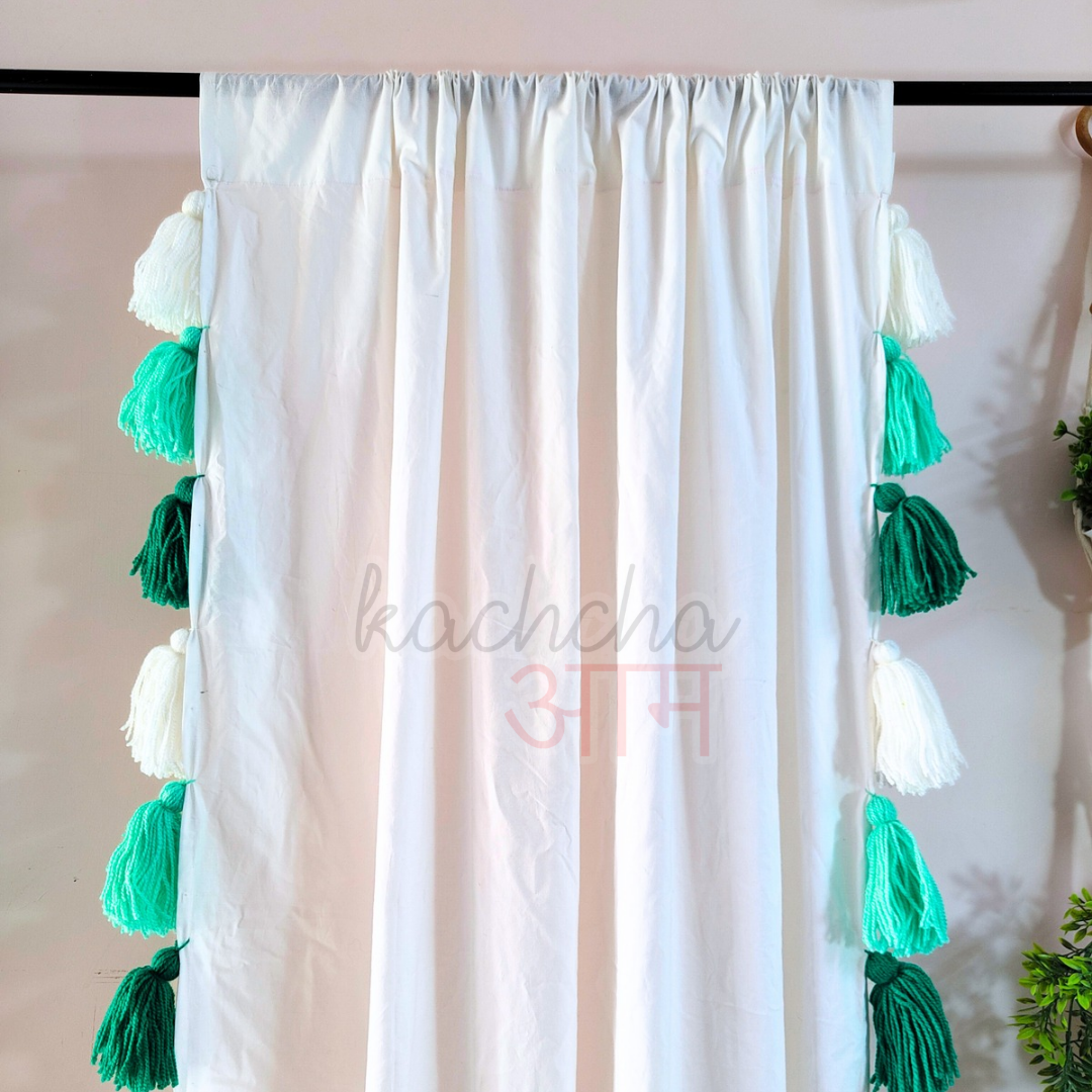 Sea Green Ombre Tassel White Curtains (Cotton & Sheer)