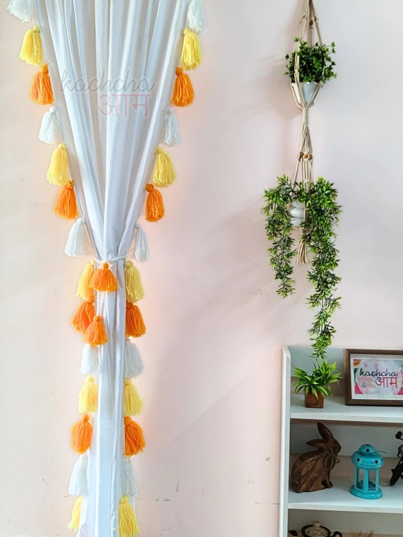 Yellow Ombre Tassel White Curtains (Cotton & Sheer)