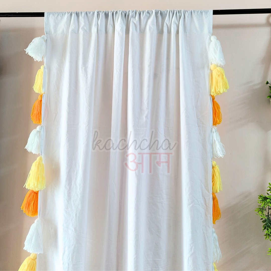 Yellow Ombre Tassel White Curtains (Cotton & Sheer)