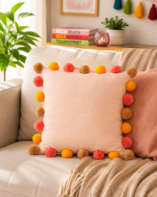 Sunset Bliss Pompom Peach Cotton Cushion Cover with Lining