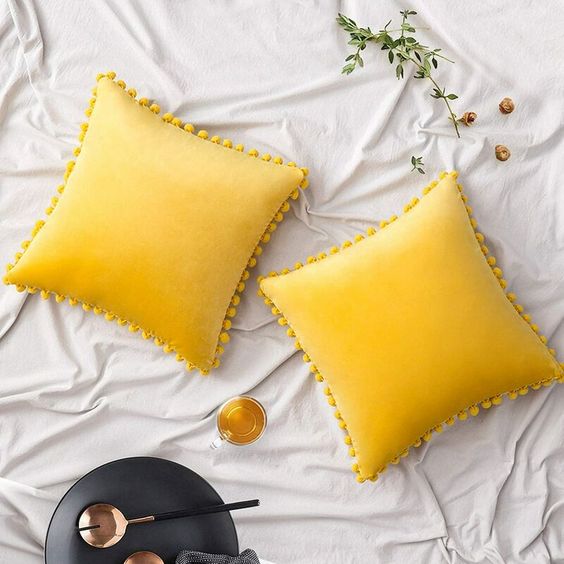 Yellow Pompom Lace Cotton Cushion Cover