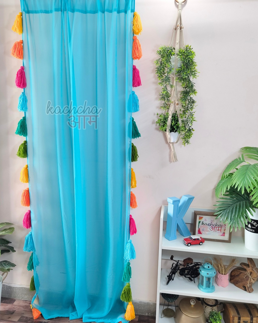 Rainbow Tassel Blue Curtains (Cotton/Sheer)