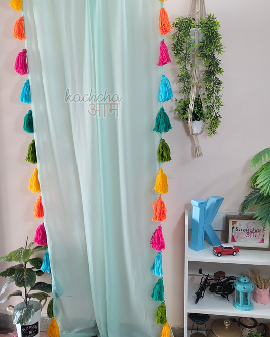 Rainbow Tassel Teal Curtains (Cotton/Sheer)