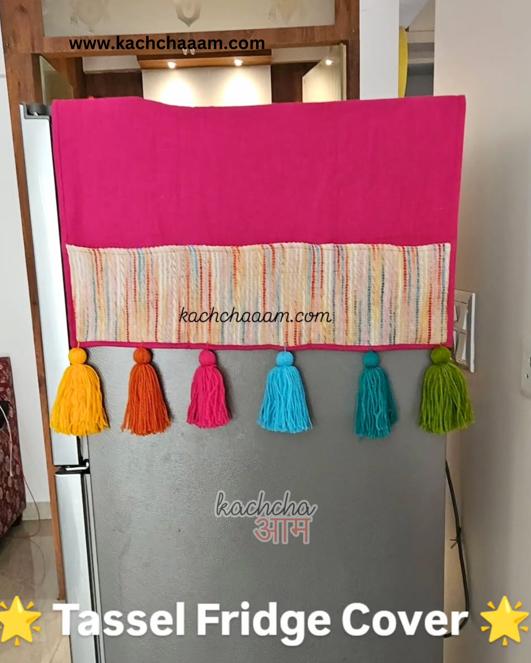 Cotton Slub Solid Fridge Cover with Multicolored Jacquard Fabric Pockets and Rainbow Tassel