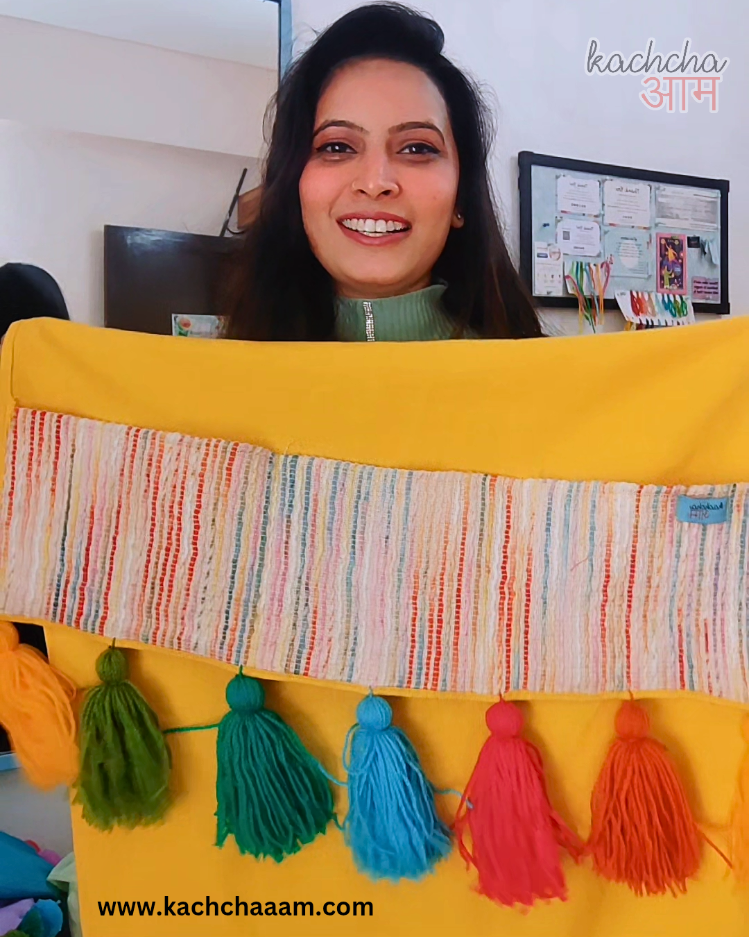 Cotton Slub Solid Fridge Cover with Multicolored Jacquard Fabric Pockets and Rainbow Tassel