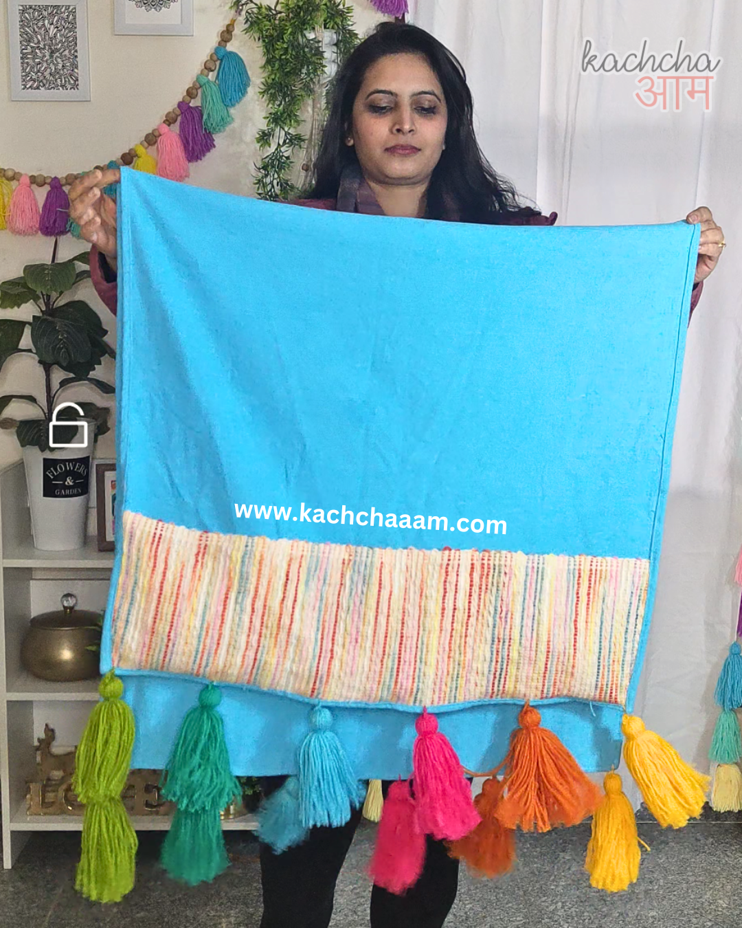 Cotton Slub Solid Fridge Cover with Multicolored Jacquard Fabric Pockets and Rainbow Tassel