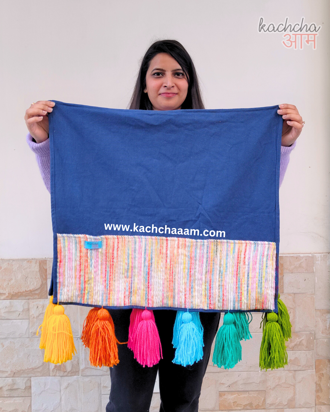 Cotton Slub Solid Fridge Cover with Multicolored Jacquard Fabric Pockets and Rainbow Tassel