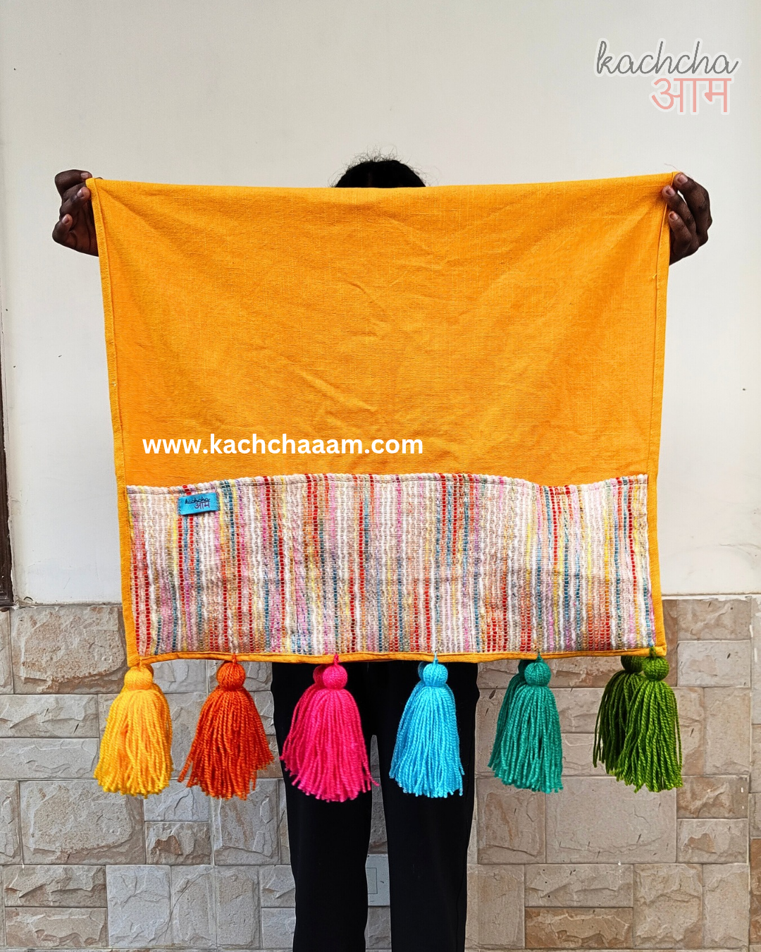 Cotton Slub Solid Fridge Cover with Multicolored Jacquard Fabric Pockets and Rainbow Tassel