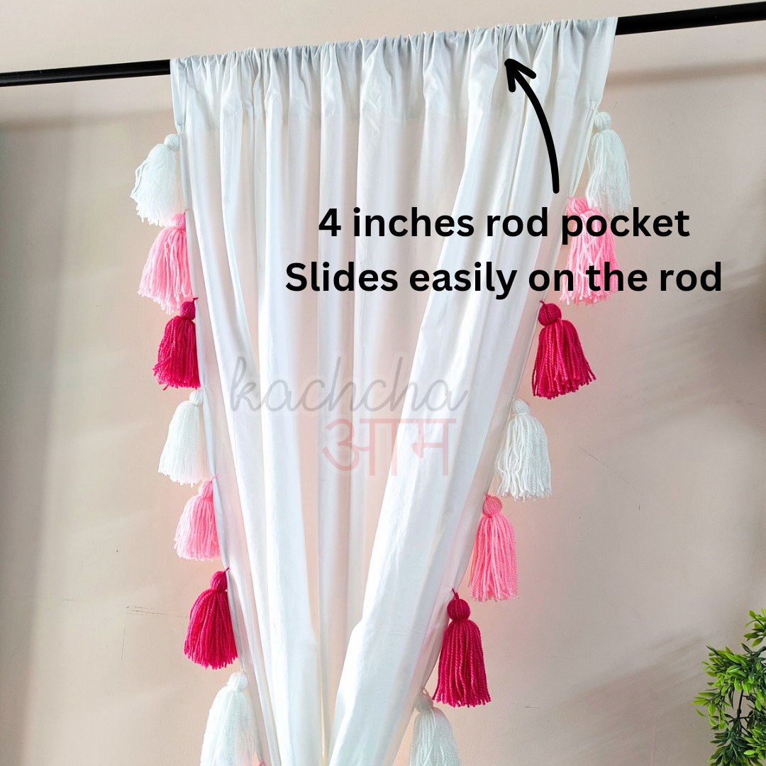 Pink Ombre Tassel White Curtains (Cotton & Sheer)