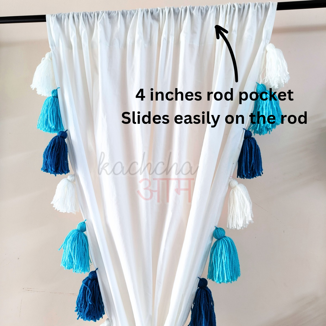 Blue Ombre Tassel White Curtains (Cotton & Sheer)