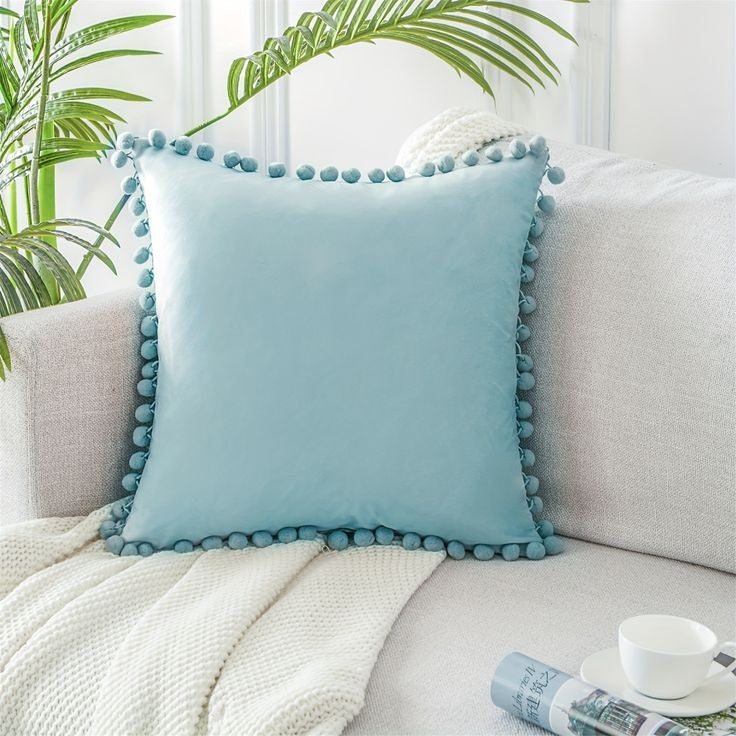 Sky Blue Pompom Lace Cotton Cushion Cover