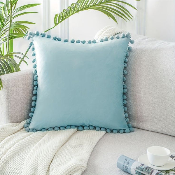 Sky Blue Pompom Lace Cotton Cushion Cover