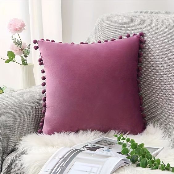 Mauve Pompom Lace Cotton Cushion Cover