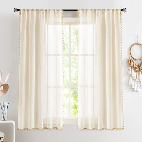 Beige Pompom Lace Georgette Sheer Curtain