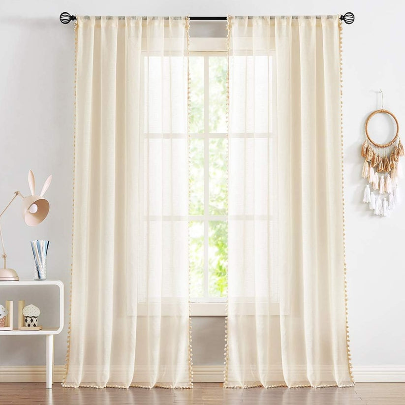 Beige Pompom Lace Georgette Sheer Curtain – KACHCHA AAM