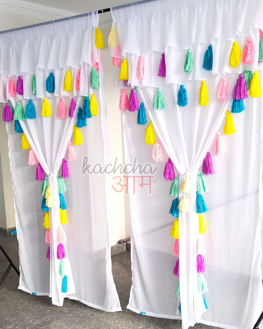 Celestial Tassel Double Layered White Curtain with Two Frills on Top