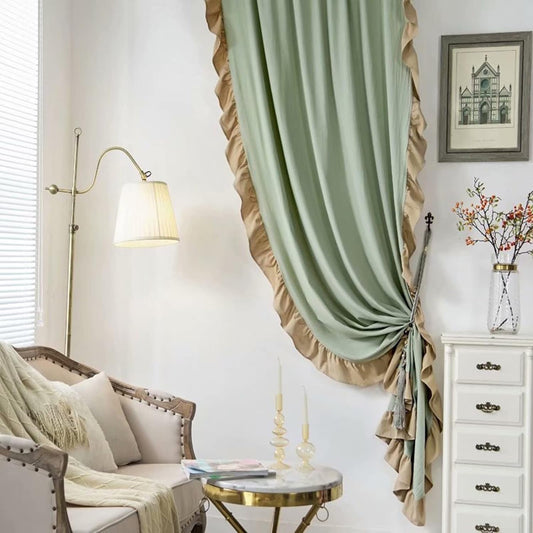 Dual Tone Mint Beige Side Frill Curtains 100% Cotton Material