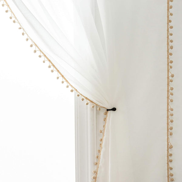 Beige Color Pompom Lace White Sheer Curtain