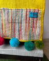 Yellow Cotton Slub Solid Microwave Cover with Multicolored Jacquard Fabric Pockets and Rainbow Pompom