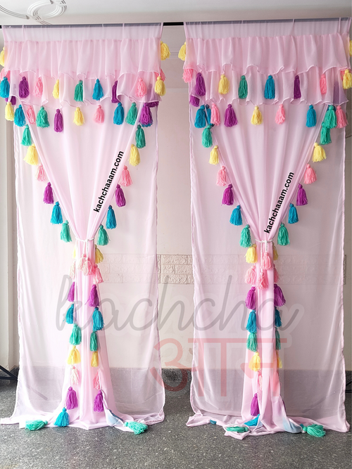 Celestial Tassel Double Layered Baby Pink Curtain with Two Frills on Top