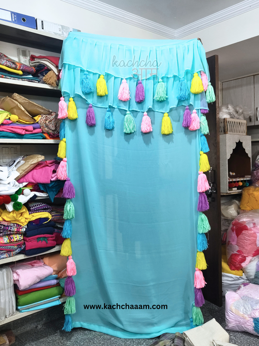 Celestial Tassel Double Layered Sky Blue Curtain with Two Frills on Top