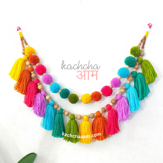 2 Layered Rainbow Pompom and Tassel Wool Bunting Wall Decor