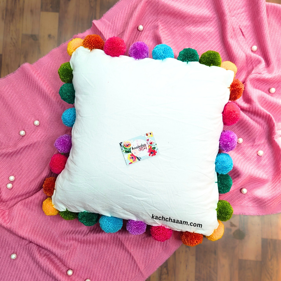 Multi Pompom White Cotton Cushion Cover with Lining