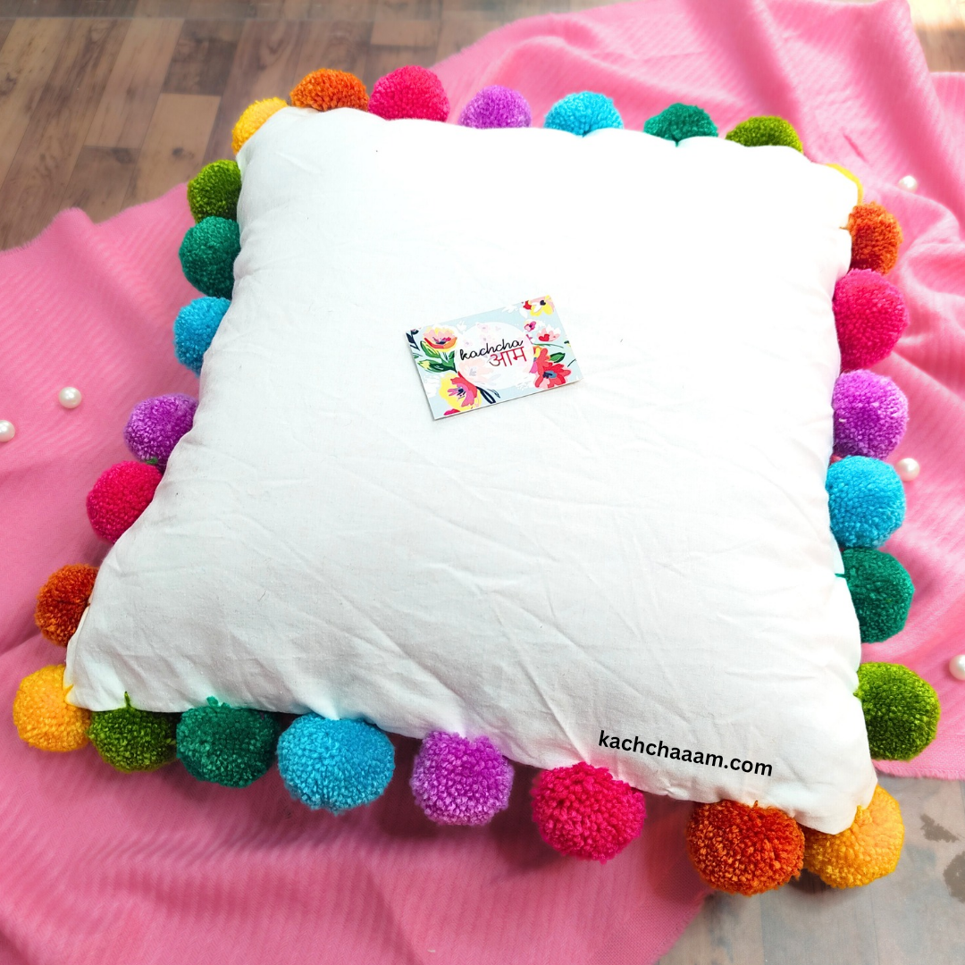 Multi Pompom White Cotton Cushion Cover with Lining