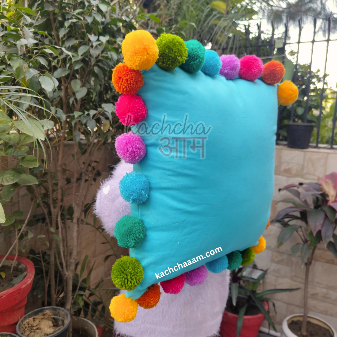 Multi Pompom Sky Blue Cotton Cushion Cover with Lining