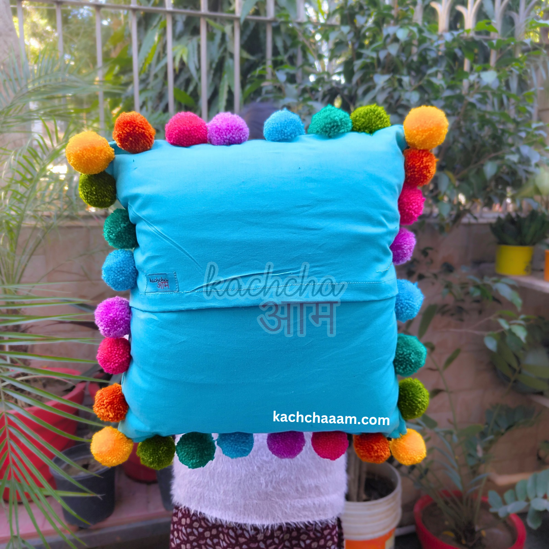 Multi Pompom Sky Blue Cotton Cushion Cover with Lining