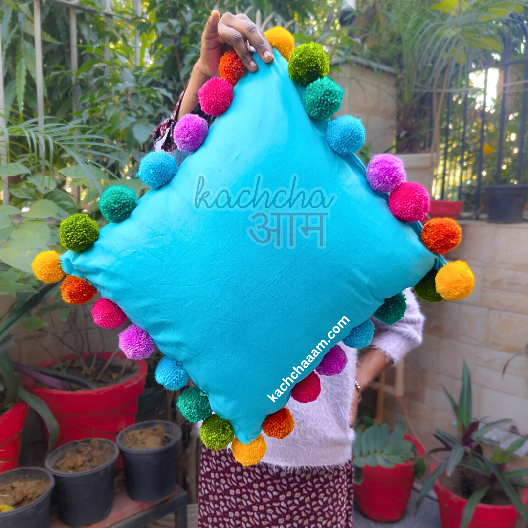 Multi Pompom Sky Blue Cotton Cushion Cover with Lining