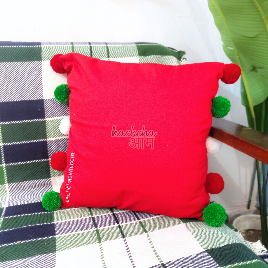 Christmas Pompom Red Cotton Cushion Cover with Lining