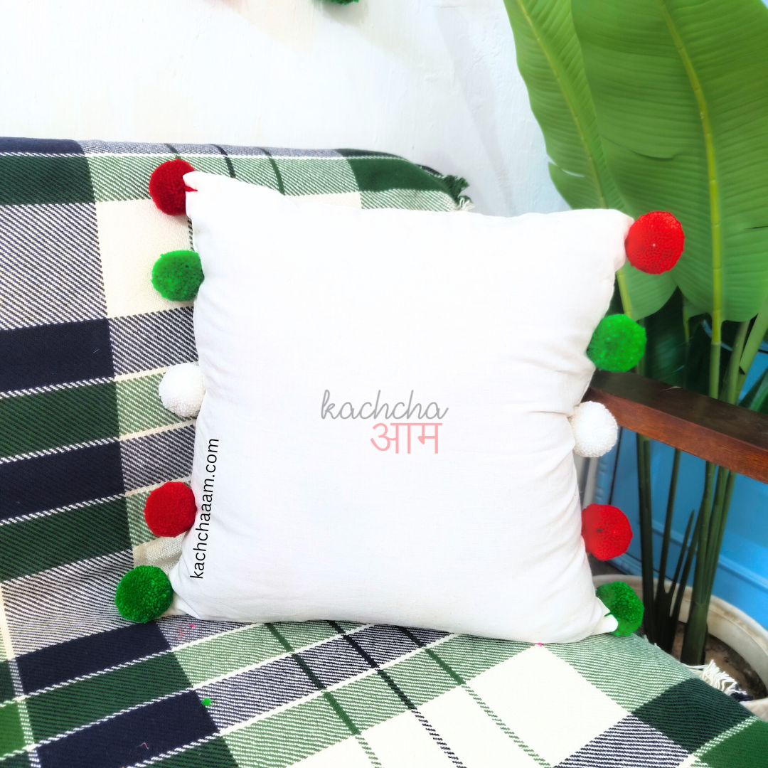Christmas Pompom White Cotton Cushion Cover with Lining