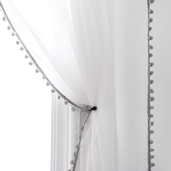 Grey Color Pompom Lace White Sheer Curtain