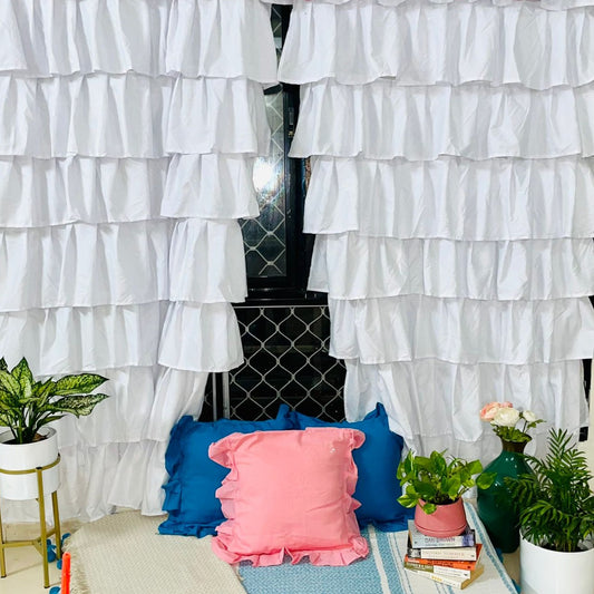 White Cotton Full Ruffle Curtains