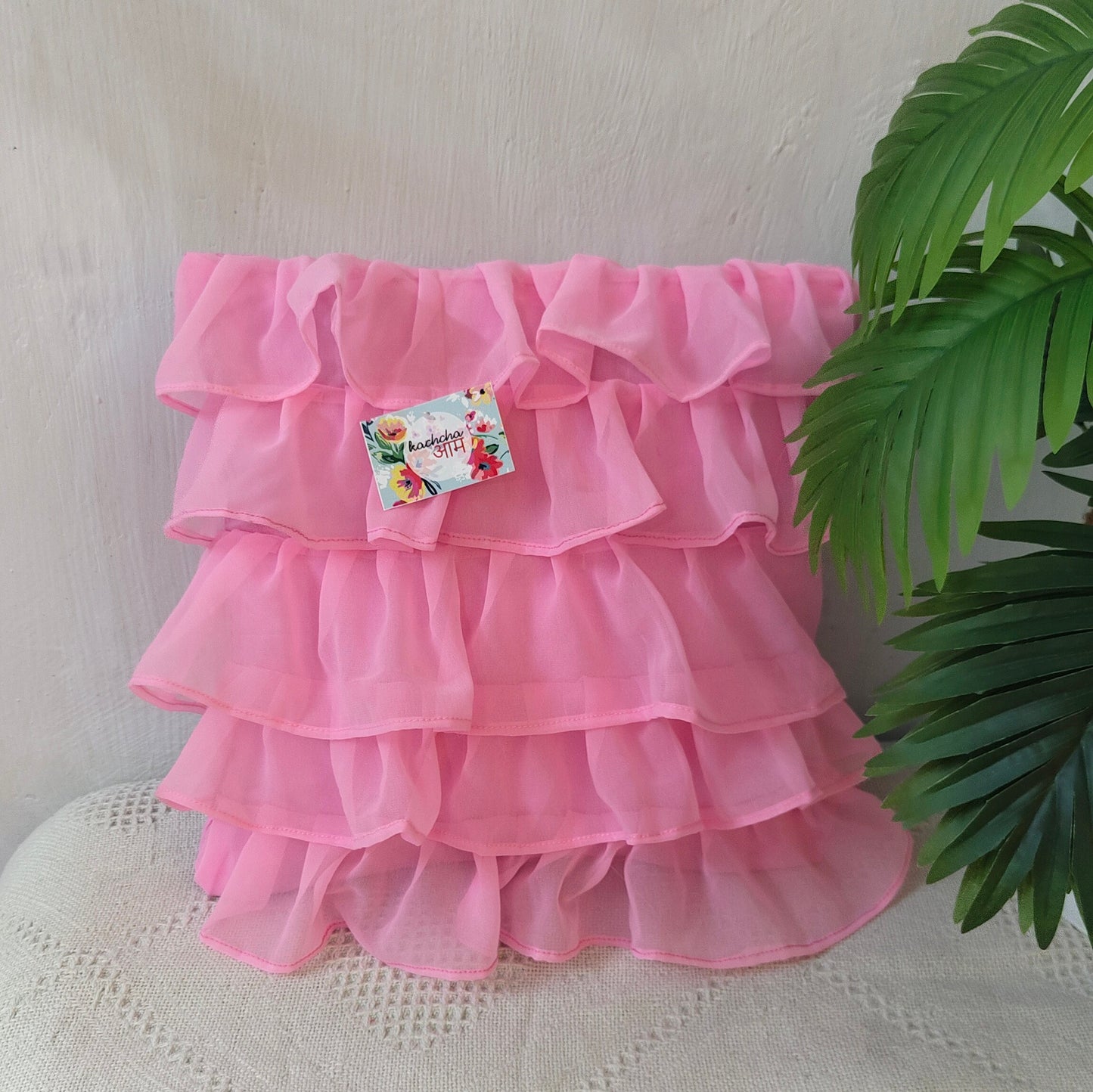 Georgette Ruffle Cushion Cover in Pink - 16x16 Inches with Quality Lining