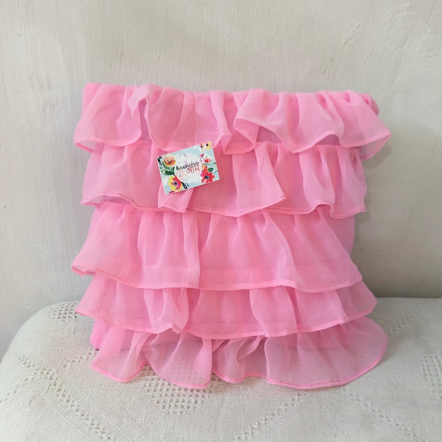 Georgette Ruffle Cushion Cover in Pink - 16x16 Inches with Quality Lining