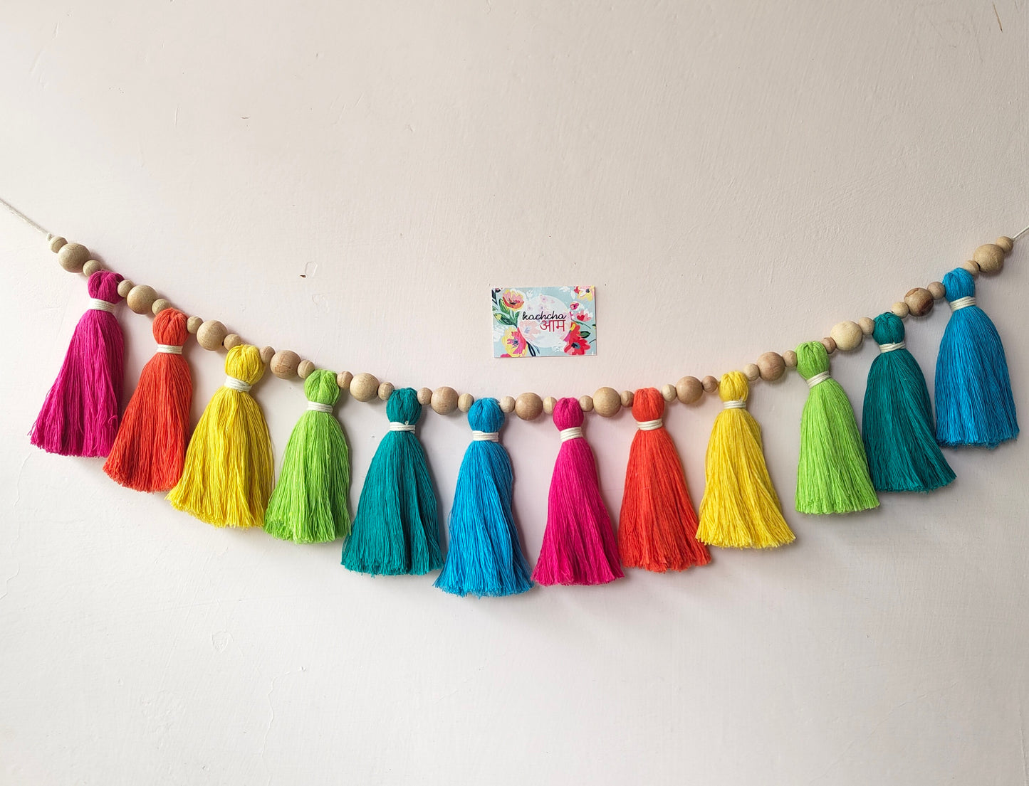 Cotton Tassel Rainbow Bunting with Wooden Beads