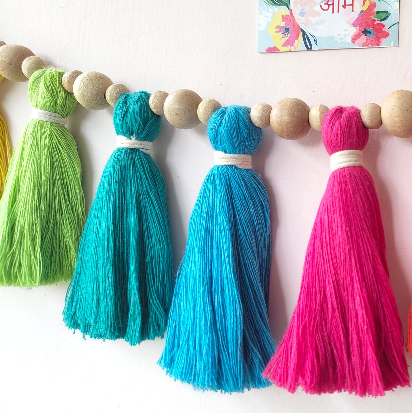 Cotton Tassel Rainbow Bunting with Wooden Beads