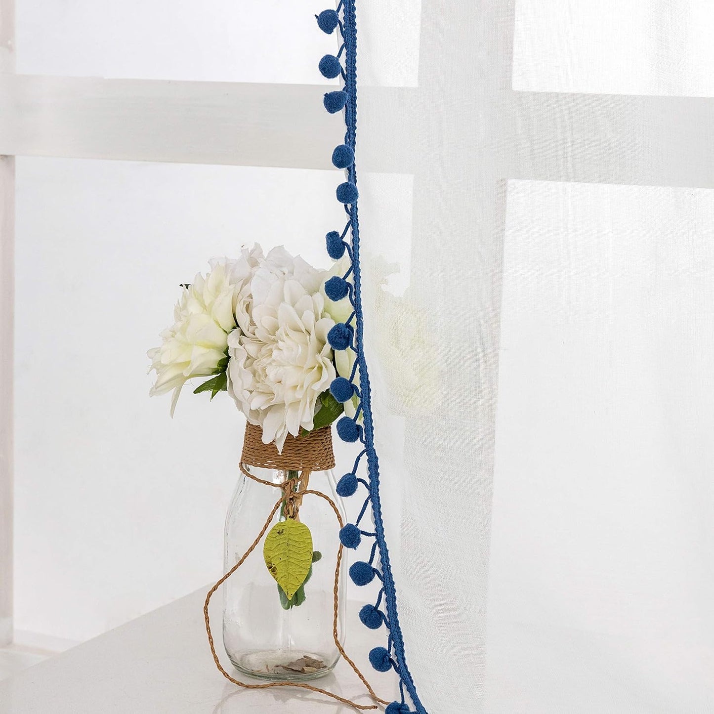 Navy Color Pompom Lace White Sheer Curtain