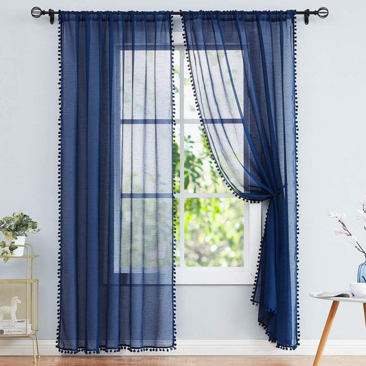 Navy Pompom Lace Georgette Sheer Curtain