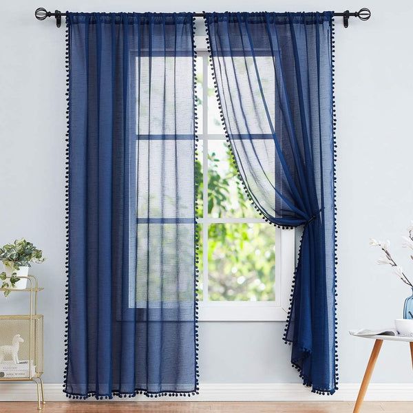 Navy Pompom Lace Georgette Sheer Curtain