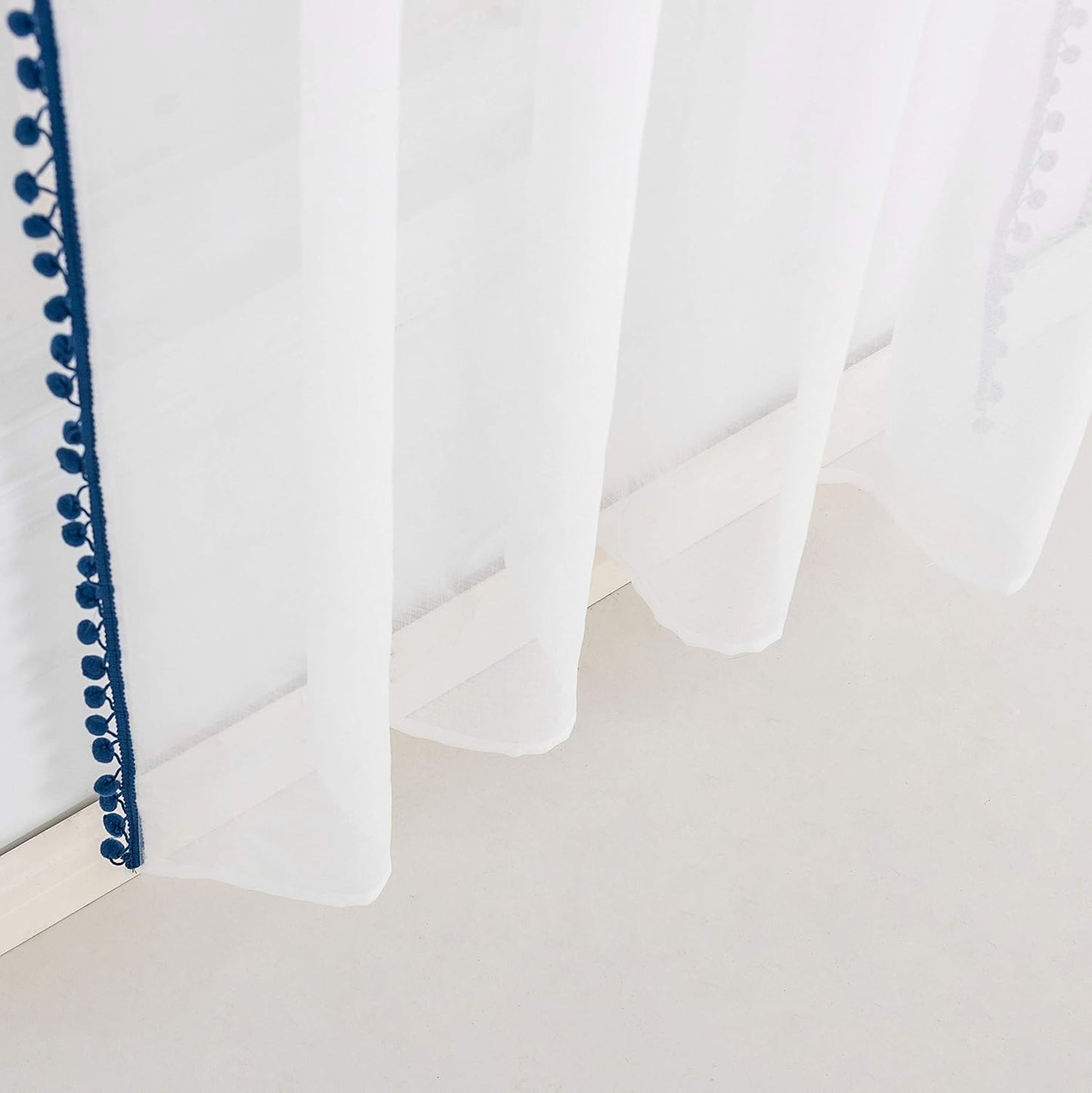Navy Color Pompom Lace White Sheer Curtain