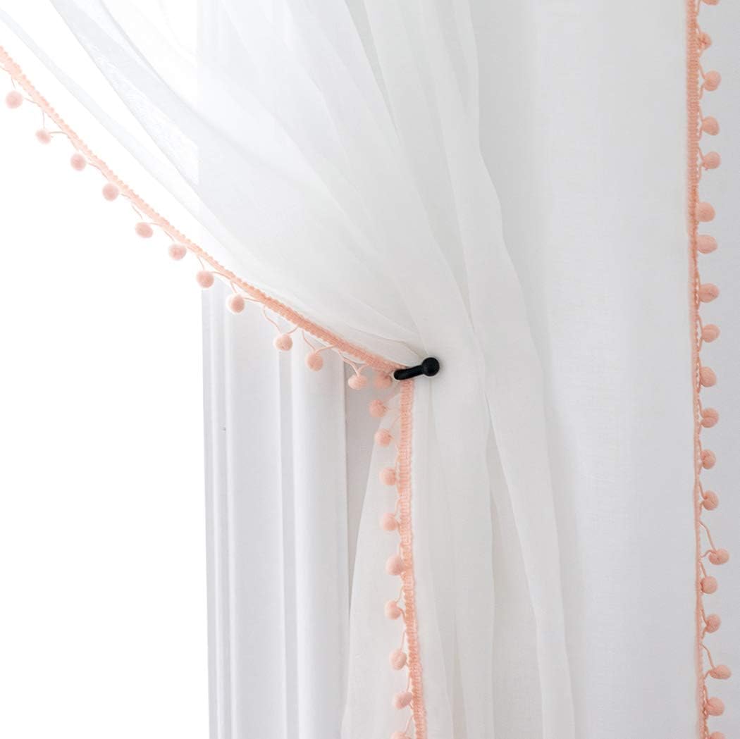 Peach Color Pompom Lace White Sheer Curtain