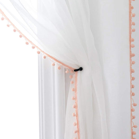 Peach Color Pompom Lace White Sheer Curtain