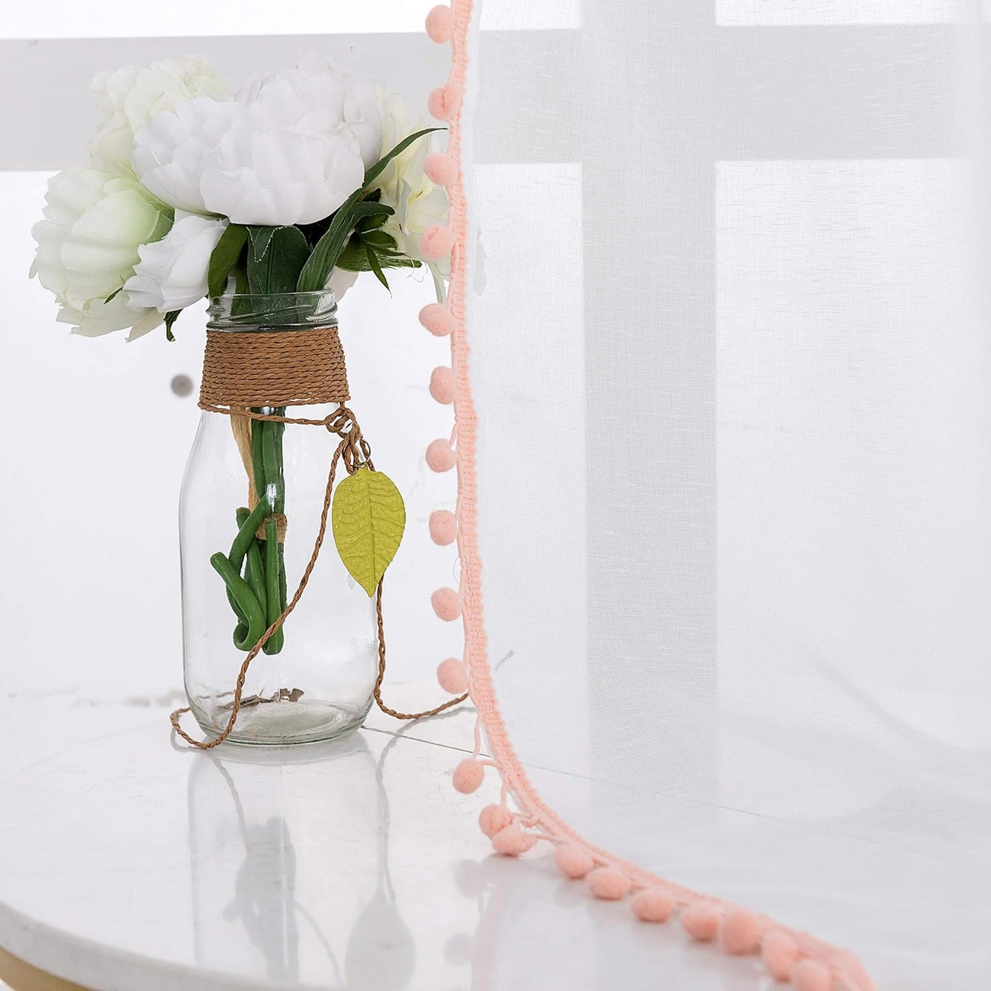 Peach Color Pompom Lace White Sheer Curtain