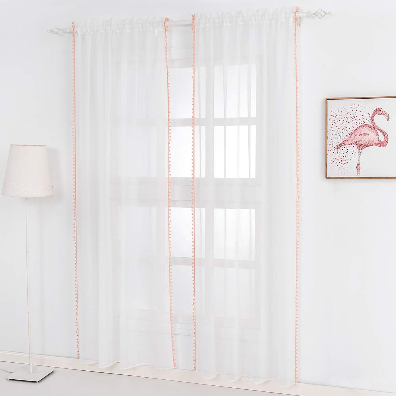 Peach Color Pompom Lace White Sheer Curtain