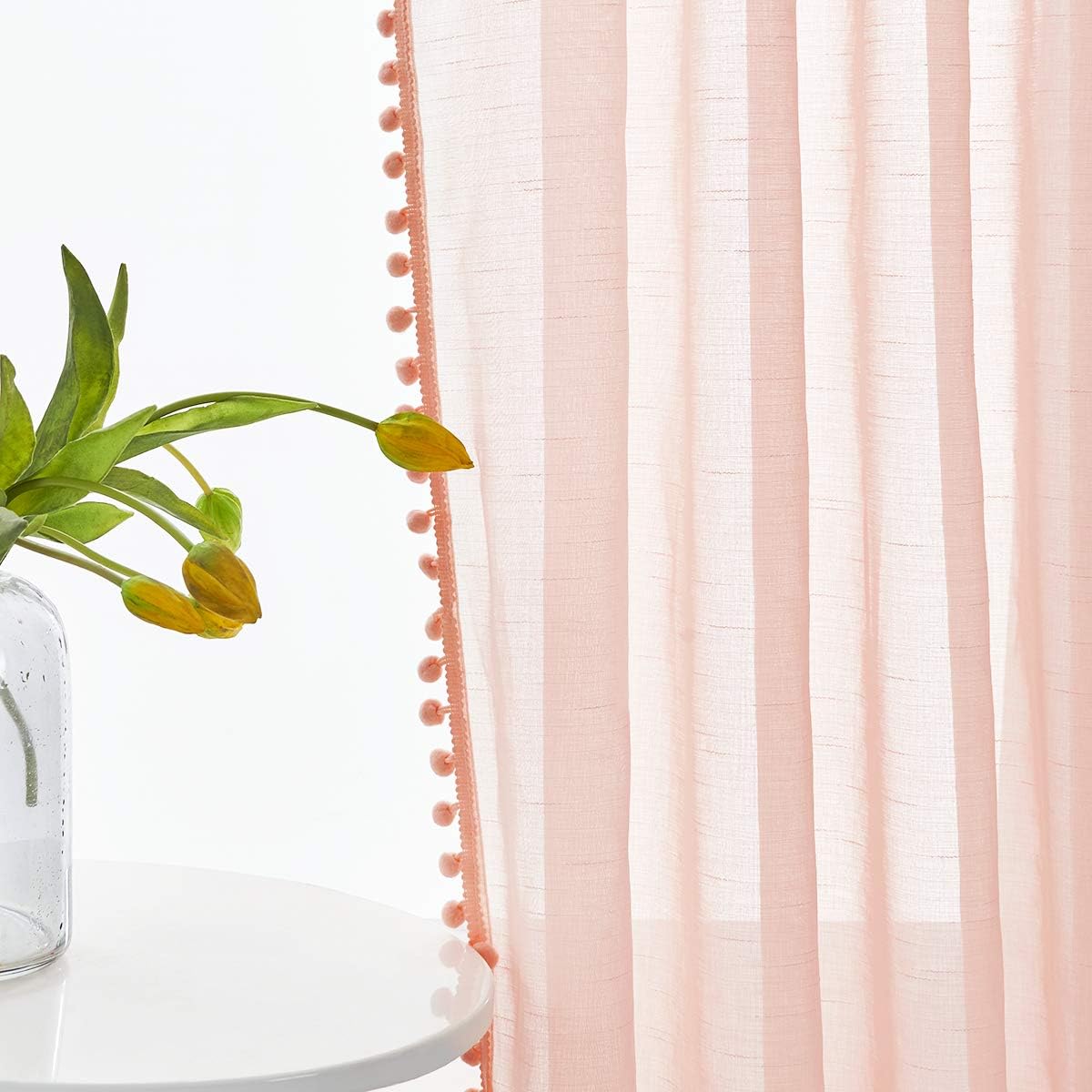 Peach Pompom Lace Georgette Sheer Curtain